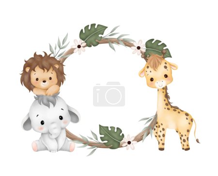 Illustration for Watercolor Illustration wooden frame with cute baby safari animals sit on green grass and tropical leaves - Royalty Free Image