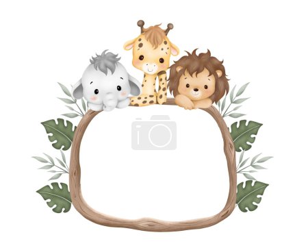 Illustration for Watercolor Illustration wooden frame with cute baby safari animals sit on green grass and tropical leaves - Royalty Free Image