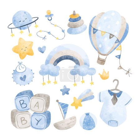 Illustration for Set of cute watercolor baby elements for baby shower - Royalty Free Image