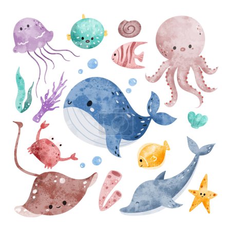 Illustration for Watercolor Illustration set of Cute Sea Animals - Royalty Free Image