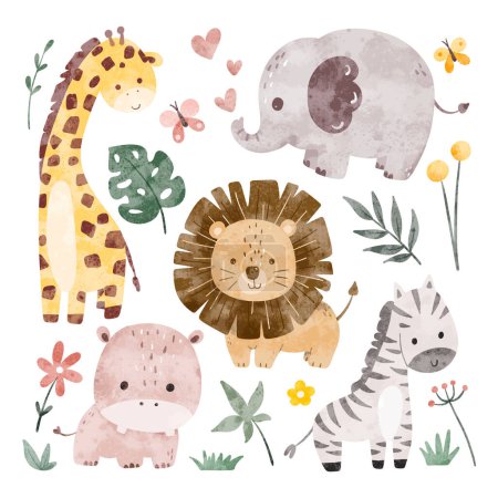 Téléchargez les illustrations : Ensemble d'illustration aquarelle d'animaux Safari mignon - en licence libre de droit