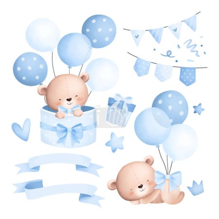 Illustration for Watercolor Illustration Set of Baby Teddy Bears and Cute Elements - Royalty Free Image