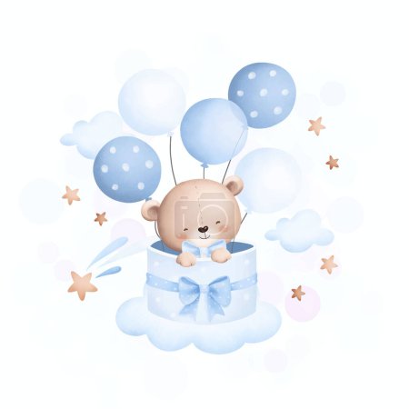 Téléchargez les illustrations : Aquarelle Illustration ours en peluche mignon sur le nuage avec des ballons - en licence libre de droit