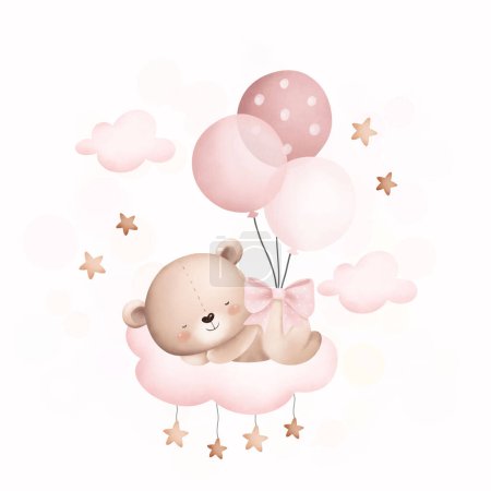 Téléchargez les illustrations : Aquarelle Illustration ours en peluche mignon dort sur le nuage avec des ballons - en licence libre de droit