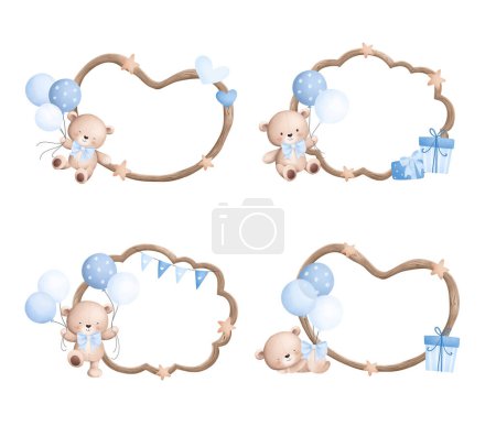 Illustration for Watercolor Illustration set of Wooden Frame with Teddy bear - Royalty Free Image