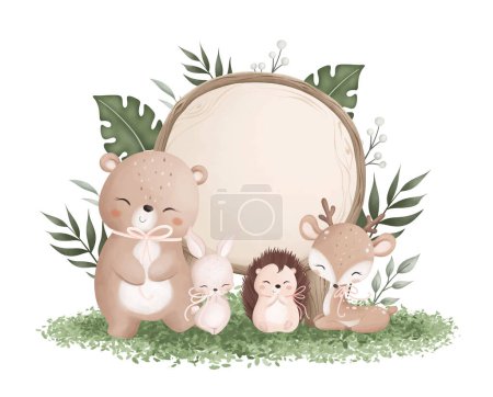 Illustration for Watercolor Illustration wooden board with cute animals - Royalty Free Image