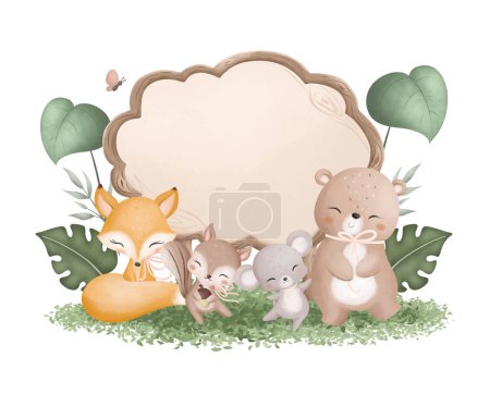 Illustration for Watercolor Illustration wooden board with cute animals - Royalty Free Image