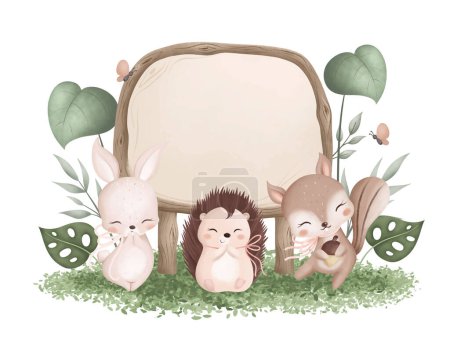 Téléchargez les illustrations : Aquarelle Illustration planche en bois avec des animaux mignons - en licence libre de droit
