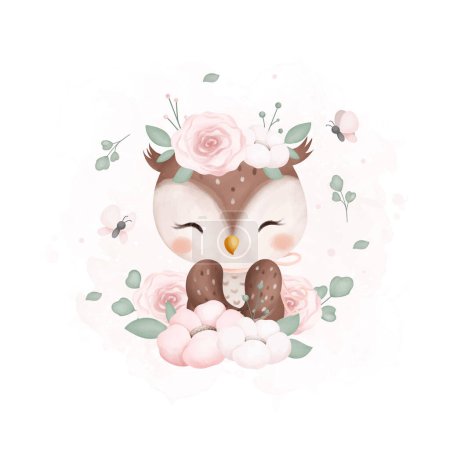 Illustration for Watercolor Illustration Cute Owl with Flowers and Butterflies - Royalty Free Image
