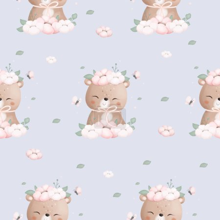Illustration for Seamless Pattern Cute Bear with Flower Leaves and Butterflies - Royalty Free Image