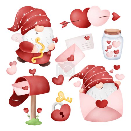 Téléchargez les illustrations : Aquarelle Illustration ensemble de Gnomes Valentine et des éléments d'amour - en licence libre de droit