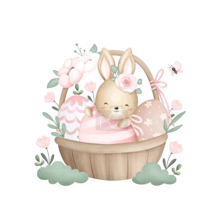 Ilustración de Acuarela Ilustración Conejo de Pascua en cesta y Huevos de Pascua con Flores. ilustración vectorial - Imagen libre de derechos