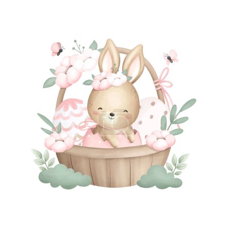 Téléchargez les illustrations : Illustration aquarelle Lapin de Pâques dans le panier et oeufs de Pâques avec des fleurs. illustration vectorielle - en licence libre de droit