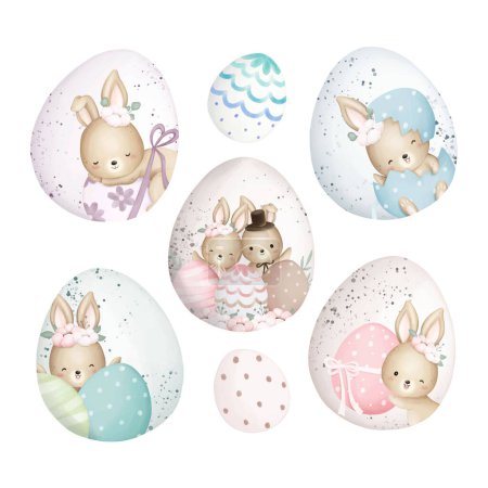 Illustration for Set with cute easter bunny, watercolor eggs and flowers on white background. easter card design - Royalty Free Image