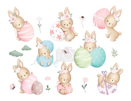 Téléchargez les illustrations : Jeu d "œufs de Pâques avec lapins, illustration vectorielle. - en licence libre de droit