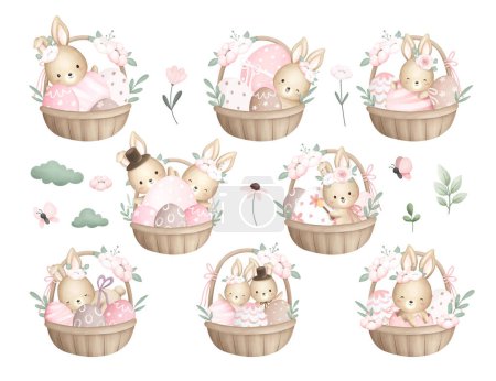 Ilustración de Conjunto de lindos conejos de Pascua en una corona con flores. conejito de Pascua con flores. ilustración vectorial - Imagen libre de derechos