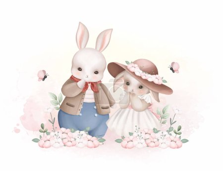 Téléchargez les illustrations : Illustration aquarelle Couple mignon Lapin au jardin plein de fleurs - en licence libre de droit