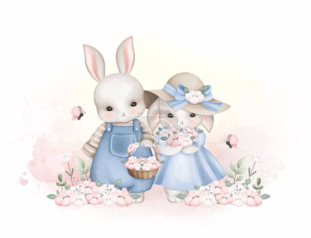 Illustration for Watercolor Illustration Cute Couple Rabbit at Garden Full of Flowers - Royalty Free Image