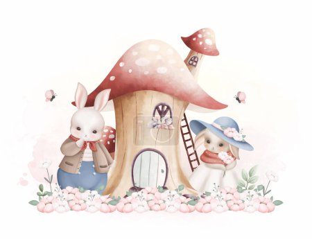 Téléchargez les illustrations : Illustration aquarelle mignon couple lapin avec maison de champignons et fleurs - en licence libre de droit