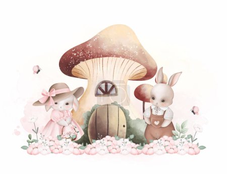 Ilustración de Acuarela Ilustración Lindo conejo de pareja con casa de hongos y flores - Imagen libre de derechos