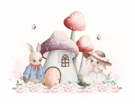 Illustration for Watercolor Illustration Cute Couple Rabbit with Mushroom House and Flowers - Royalty Free Image
