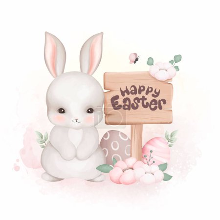 Ilustración de Acuarela Ilustración Conejo blanco con huevos de Pascua en el jardín lleno de flores - Imagen libre de derechos