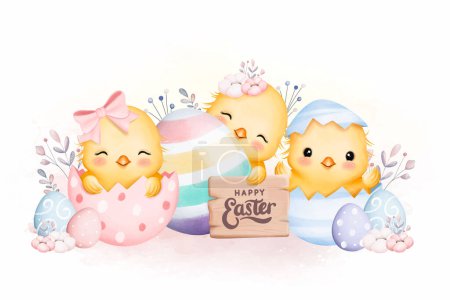 Illustration for Watercolor Illustration Cute Chicks and Eggs with Happy Easter Sign - Royalty Free Image