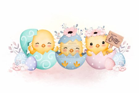 Ilustración de Acuarela Ilustración Lindos polluelos y huevos con feliz signo de Pascua - Imagen libre de derechos