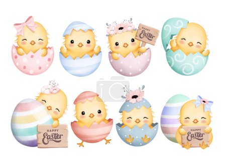 Illustration for Watercolor Illustration set of Easter Eggs and Chicks with Happy Easter Sign - Royalty Free Image