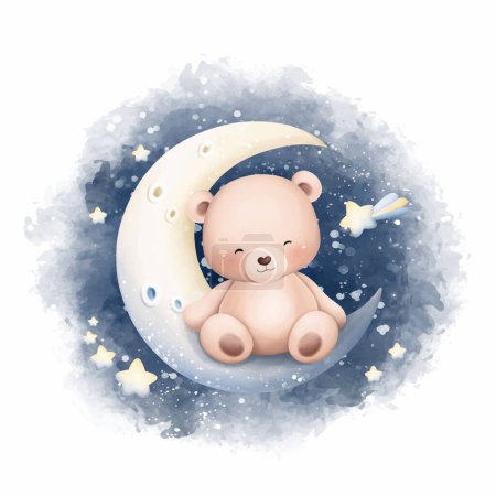 Watercolor Illustration Cute Baby Bear Sits on Moon
