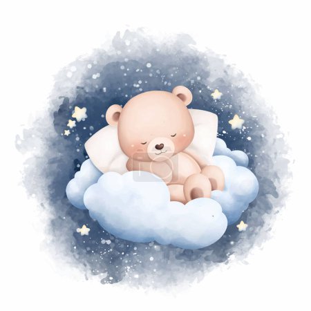 Téléchargez les illustrations : Illustration aquarelle Bébé ours mignon dort sur le nuage - en licence libre de droit