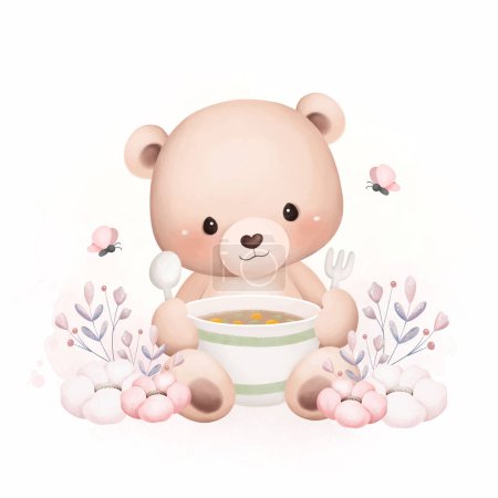 Téléchargez les illustrations : Illustration aquarelle Mignon bébé ours en peluche déjeuner au jardin - en licence libre de droit