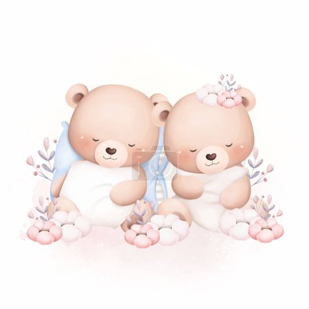Ilustración de Acuarela Ilustración Bonitos osos de bebé duermen en el jardín - Imagen libre de derechos