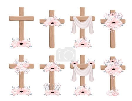 Ilustración de Acuarela Ilustración conjunto de Cruz de Madera y flores Corona - Imagen libre de derechos