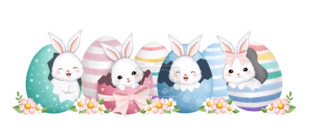 Ilustración de Acuarela Ilustración Conejos de Pascua en Huevo con Flores - Imagen libre de derechos
