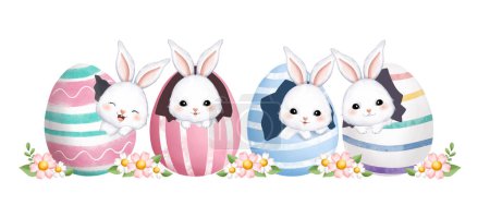 Ilustración de Acuarela Ilustración Conejos de Pascua en Huevo con Flores - Imagen libre de derechos