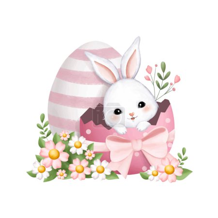 Téléchargez les illustrations : Illustration aquarelle Lapins de Pâques en oeuf avec des fleurs - en licence libre de droit