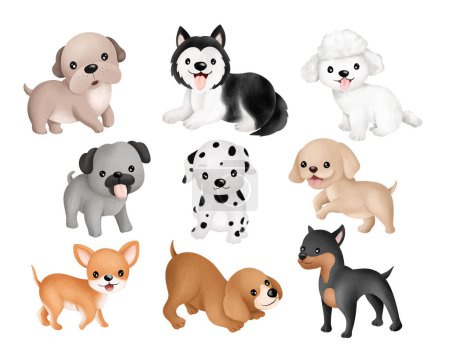 Watercolor Illustration set of Cute Dogs