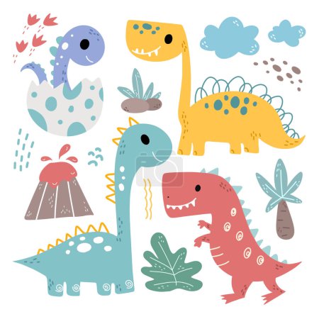 Illustration for Set of Dinosaurs and Elements Doodle Clipart - Royalty Free Image