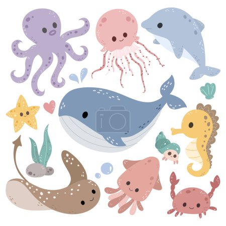 Téléchargez les illustrations : Ensemble d'animaux de mer Doodle Clipart - en licence libre de droit