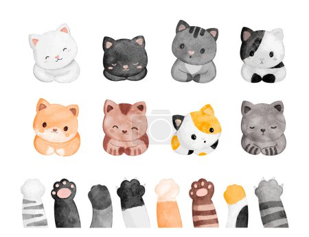 Téléchargez les illustrations : Ensemble d'illustration aquarelle de chats - en licence libre de droit
