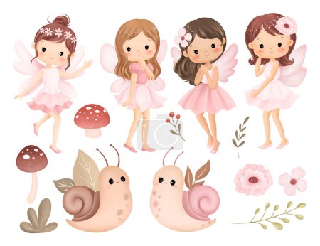 Téléchargez les illustrations : Illustration aquarelle Ensemble de belles fées roses avec escargot, champignon et plante - en licence libre de droit