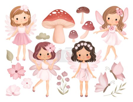 Téléchargez les illustrations : Illustration aquarelle Ensemble de belles fées roses avec papillons, champignons et plantes - en licence libre de droit