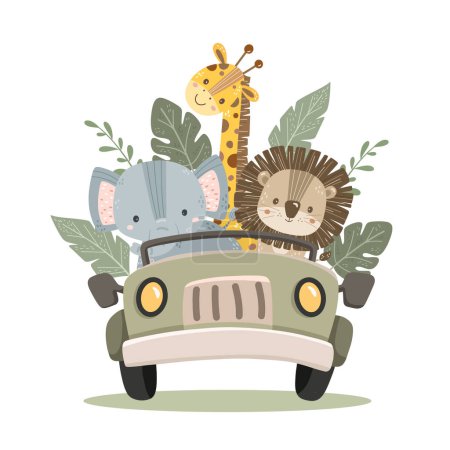 Ilustración de Lindos animales Safari en Jeep verde con hojas tropicales - Imagen libre de derechos