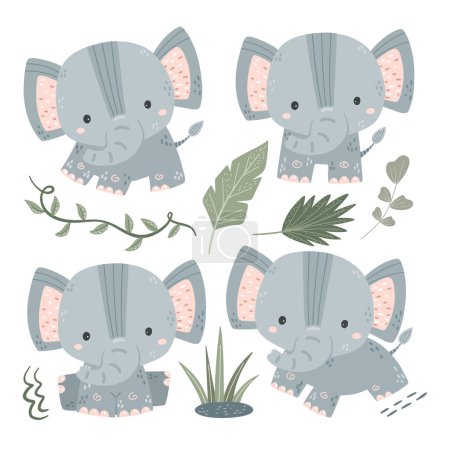 Téléchargez les illustrations : Ensemble d'éléphant et feuilles Doodle Clipart - en licence libre de droit