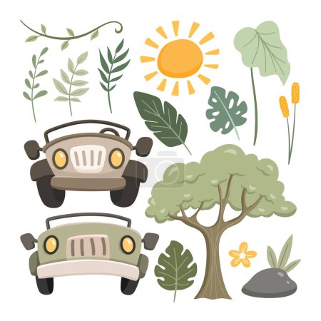 Ilustración de Set de Jeep Safari con Árbol y Hojas Elementos - Imagen libre de derechos