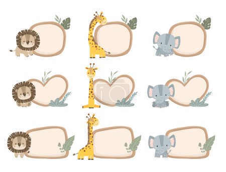 Illustration for Set of Wooden Board with Cute Safari Animals with Leaves Clipart - Royalty Free Image
