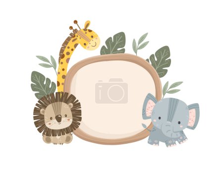 Téléchargez les illustrations : Plateau en bois avec animaux Safari mignon avec feuilles Clipart - en licence libre de droit