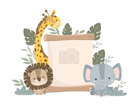Ilustración de Tablero de madera con animales Safari lindo con hojas Clipart - Imagen libre de derechos