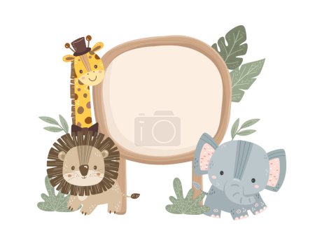 Illustration for Wooden Board with Cute Safari Animals with Leaves Clipart - Royalty Free Image